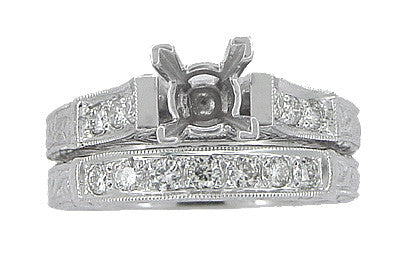 Art Deco Platinum Carved Scrolls Engagement Ring Setting for a 1.75 Carat Princess Cut Diamond with Matching Wedding Ring - Item: R954P-LC - Image: 4