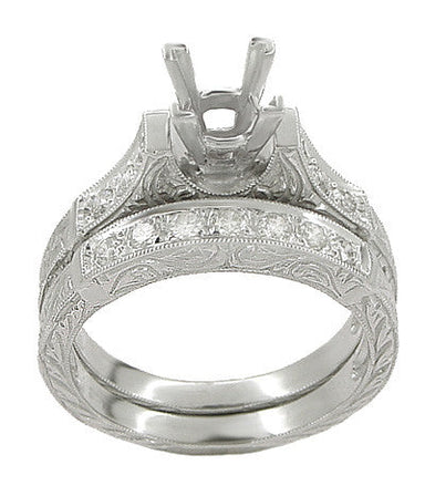 Art Deco Scrolls 2 Carat Princess Cut Diamond Engagement Ring Setting and Wedding Ring in White Gold - alternate view