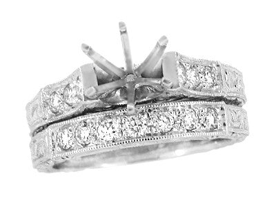 Art Deco Engraved Scrolls Platinum 1.25 Carat Round Diamond Engagement Ring Mounting and Wedding Ring Set - Item: R956P-LC - Image: 3