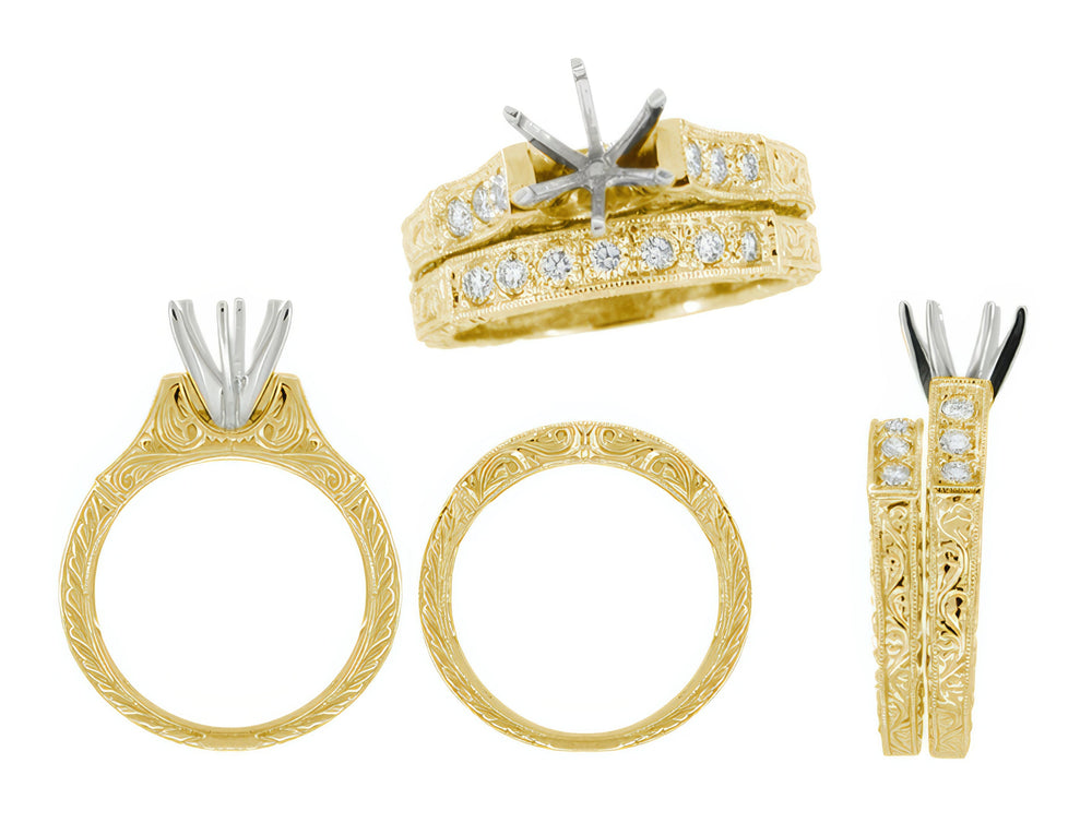 Yellow Gold Art Deco Scroll Engraved Engagement Ring Setting and Coordinating Wedding Band for a 1.50 Carat Round Diamond - Item: R957Y14-LC - Image: 2