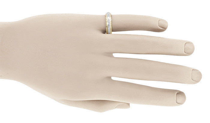 Two Tone 1930's Vintage Art Deco Wedding Band Ring with Scalloped Edges in Solid 14K Gold | Size 9 - Item: R975 - Image: 3
