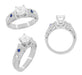 Art Deco 1 Carat Princess Cut Diamond Wheat Engraved Engagement Ring Setting in 18 Karat White Gold with Diamonds and Princess Cut Sapphires