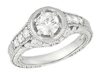Art Deco Filigree Flowers & Scrolls Engraved 1 Carat Diamond Engagement Ring Setting in White Gold
