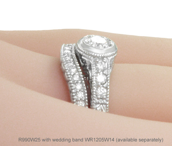 Art Deco Filigree Flowers and Scrolls Engraved 1/4 Carat Diamond Engagement Ring in 14 Karat White Gold - Item: R990W25-LC - Image: 7