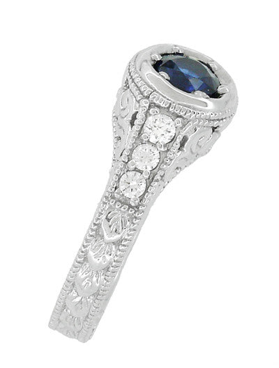 Art Deco Filigree Flowers and Scrolls Engraved Blue Sapphire and Diamond Engagement Ring in White Gold - Item: R990W14K50S - Image: 3