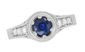 Art Deco Filigree Flowers and Scrolls Engraved Blue Sapphire and Diamond Engagement Ring in White Gold