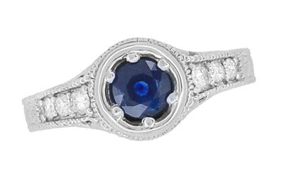Art Deco Filigree Flowers and Scrolls Engraved Blue Sapphire and Diamond Engagement Ring in White Gold - Item: R990W14K50S - Image: 4