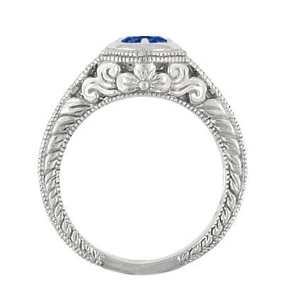Art Deco Filigree Flowers and Scrolls Engraved Blue Sapphire and Diamond Engagement Ring in White Gold - Item: R990W14K50S - Image: 5
