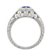 Art Deco Filigree Flowers and Scrolls Engraved Blue Sapphire and Diamond Engagement Ring in White Gold