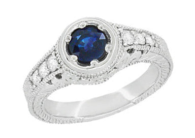 Art Deco Filigree Flowers and Scrolls Engraved Blue Sapphire and Diamond Engagement Ring in White Gold - alternate view
