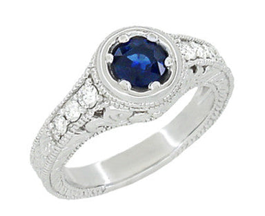 Art Deco Filigree Flowers and Scrolls Engraved Blue Sapphire and Diamond Engagement Ring in White Gold