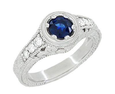 Art Deco Filigree Flowers and Scrolls Engraved Blue Sapphire and Diamond Engagement Ring in White Gold
