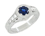 Art Deco Filigree Flowers and Scrolls Engraved Blue Sapphire and Diamond Engagement Ring in White Gold