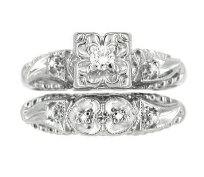 Retro Moderne Hearts and Clovers Diamond Wedding Set in 14 Karat White Gold