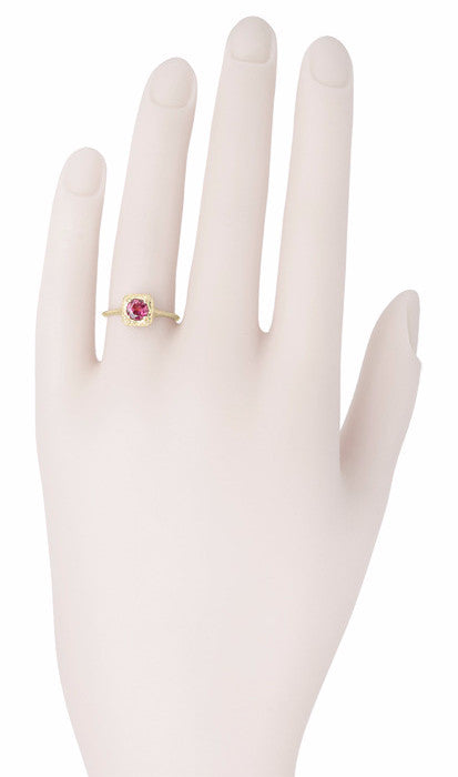 Art Deco Rhodolite Garnet Filigree Scrolls Engraved Engagement Ring in 14 Karat Yellow Gold - Item: R182 - Image: 4