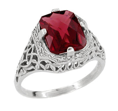 Art Deco Flowers and Leaves Cushion Cut Rectangular Rhodolite Garnet Antique Filigree Ring - 14K White Gold - R289