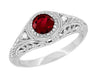 Art Deco Engraved Ruby and Diamond Filigree Engagement Ring in White Gold