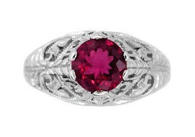 Edwardian Filigree Rubellite Tourmaline Ring in 14 Karat White Gold - alternate view