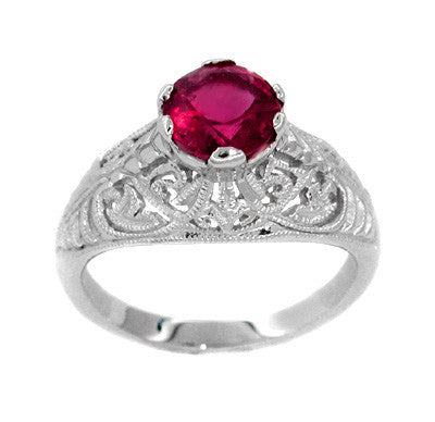 Edwardian Filigree Rubellite Tourmaline Ring in 14 Karat White Gold