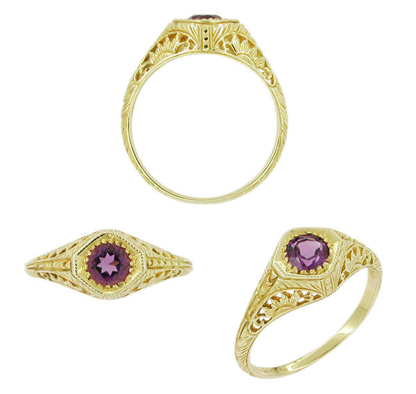 Art Deco Sunflowers Amethyst Filigree Ring in 14 Karat Yellow Gold - Item: RV117A - Image: 2