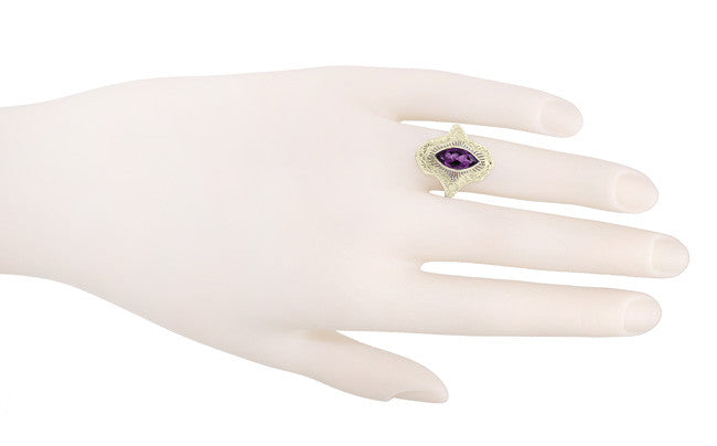 Art Deco Amethyst Filigree Cocktail Ring in 14 Karat Yellow Gold - Item: RV125A - Image: 4