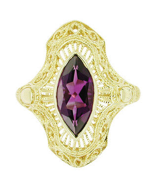 Art Deco Amethyst Filigree Cocktail Ring in 14 Karat Yellow Gold - Item: RV125A - Image: 2
