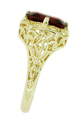 Art Deco Flowers and Leaves Almandine Garnet Filigree Ring in 14 Karat Yellow Gold - Item: RV193-7 - Image: 3