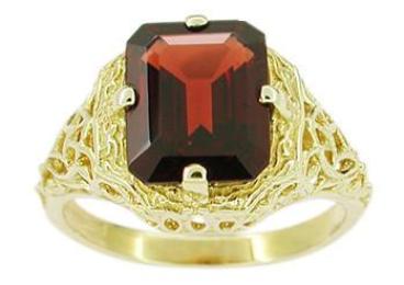 Art Deco Flowers and Leaves Almandine Garnet Filigree Ring in 14 Karat Yellow Gold - Item: RV193-7 - Image: 2