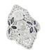 Art Deco Blue Sapphire and Cubic Zirconia Filigree Cocktail Ring in 14 Karat White Gold