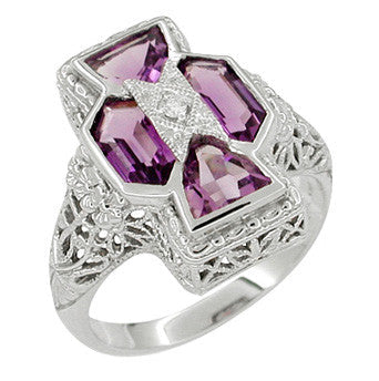 Art Deco Filigree Happy Family 4 Stone Amethyst and Diamond Filigree Panel Ring in 14 Karat White Gold - Item: RV6 - Image: 3