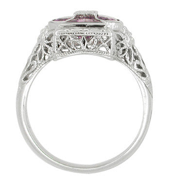 Art Deco Filigree Happy Family 4 Stone Amethyst and Diamond Filigree Panel Ring in 14 Karat White Gold - Item: RV6 - Image: 4
