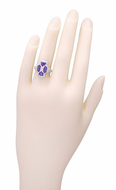 Art Deco Filigree Happy Family 4 Stone Amethyst and Diamond Filigree Panel Ring in 14 Karat White Gold - Item: RV6 - Image: 5