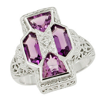 Art Deco Filigree Happy Family 4 Stone Amethyst and Diamond Filigree Panel Ring in 14 Karat White Gold - alternate view