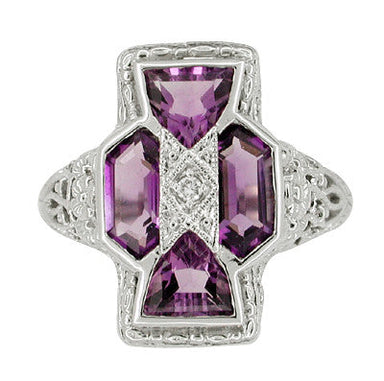 Art Deco Filigree Happy Family 4 Stone Amethyst and Diamond Filigree Panel Ring in 14 Karat White Gold