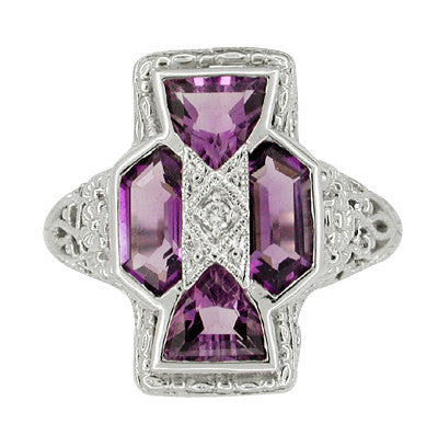 Art Deco Filigree Happy Family 4 Stone Amethyst and Diamond Filigree Panel Ring in 14 Karat White Gold