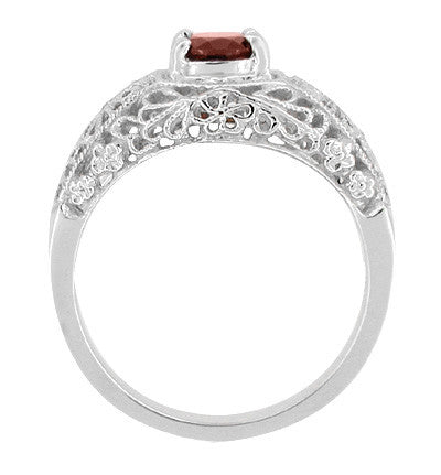 Edwardian Filigree Flowers Almandite Garnet Dome Engagement Ring in 14 Karat White Gold - Item: RV709 - Image: 2