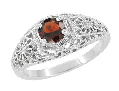 Edwardian Filigree Flowers Vintage Red Almandite Garnet Dome Engagement Ring in White Gold - RV709