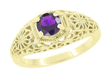 Edwardian Yellow Gold Floral Filigree Dome Vintage Amethyst Engagement Ring - RV709YA