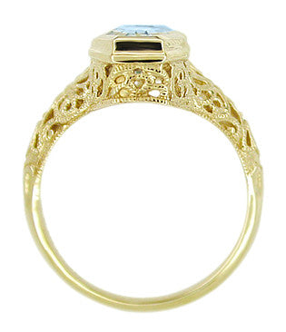 Art Deco Love Duet North South Filigree Blue Topaz Ring in 14 Karat Yellow Gold - Item: RV750 - Image: 3
