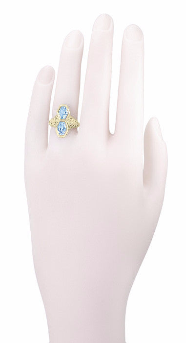 Art Deco Love Duet North South Filigree Blue Topaz Ring in 14 Karat Yellow Gold - Item: RV750 - Image: 4
