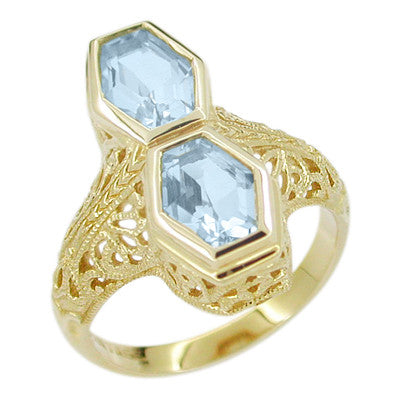 Art Deco Love Duet North South Filigree Blue Topaz Ring in 14 Karat Yellow Gold