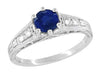 Art Deco Filigree Blue Sapphire Engagement Ring in 14 Karat White Gold with Diamond Side Stones