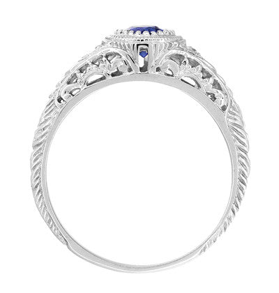 Art Deco Engraved Sapphire and Diamond Filigree Vintage Design Platinum Engagement Ring - Item: R138P - Image: 3