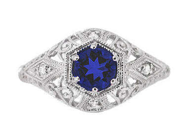 Blue Sapphire and Diamonds Scroll Dome Edwardian Filigree Engagement Ring in 14 Karat White Gold | 1910 Vintage Design - alternate view