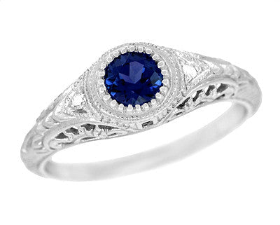 Art Deco Engraved Blue Sapphire and Side Diamond Filigree Engagement Ring in White Gold - Item: R138 - Image: 5