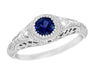 Art Deco Engraved Blue Sapphire and Side Diamond Filigree Engagement Ring in White Gold