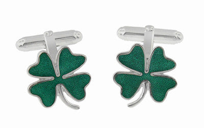 Lucky Four Leaf Clover Green Shamrock Enameled Cufflinks in 925 Solid Sterling Silver - Item: SCL120E - Image: 3