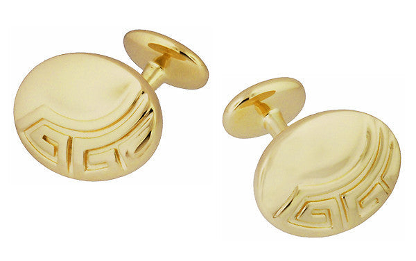Greek Key Engravable Art Deco Cufflinks in Solid Sterling Silver with Yellow Gold Vermeil - Item: SCL235Y - Image: 3