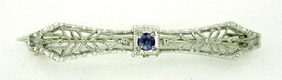 Art Deco Filigree Sapphire Brooch in 14 Karat White Gold