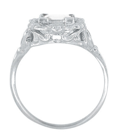 Princess Cut White Topaz Art Nouveau Ring in 14 Karat White Gold - Vintage 1910 Floral Design - Item: R615WWT - Image: 3